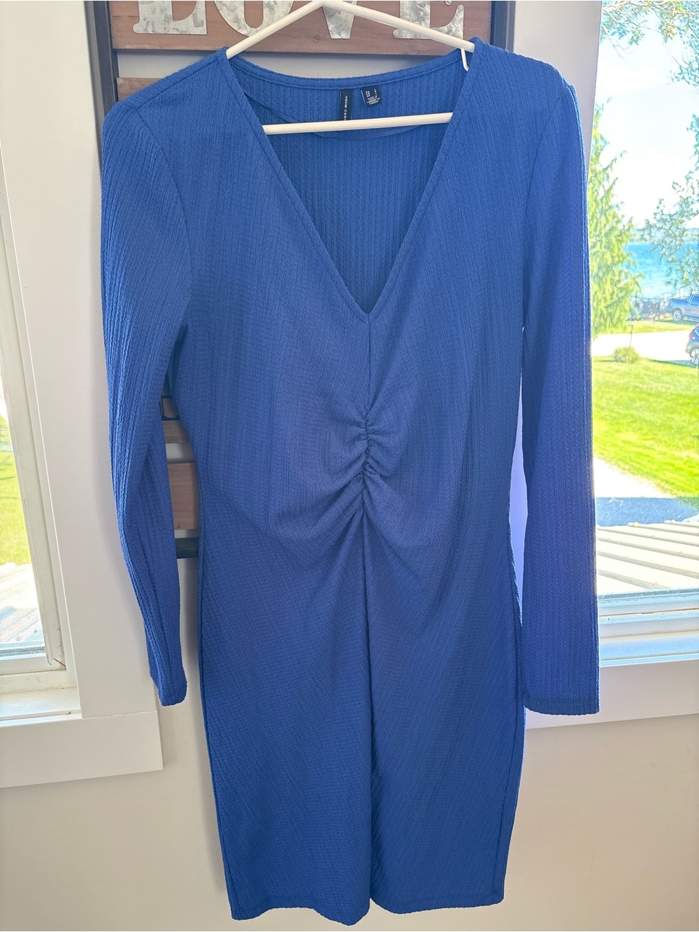 Vero Moda Royal Blue Long Sleeve V-Neck Ruched Front Dress